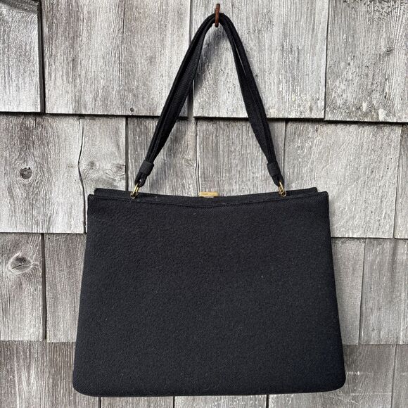 Vintage Lewis Evening Hand Bag Black Snap Gold Hardware Wool 11x8 Minimalist - Picture 1 of 11